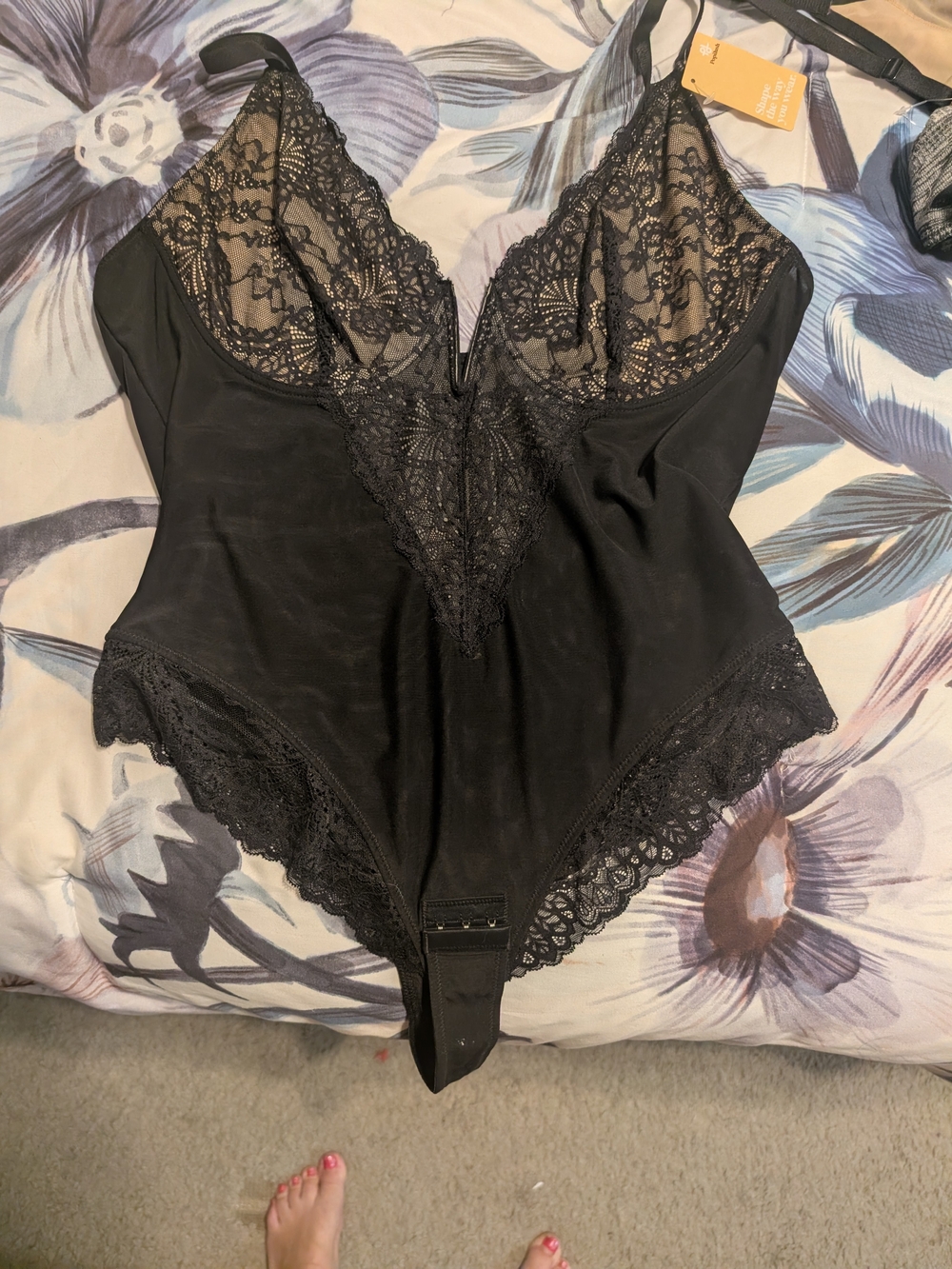 Lace-Trim Black Shapewear Bodysuit with Deep V